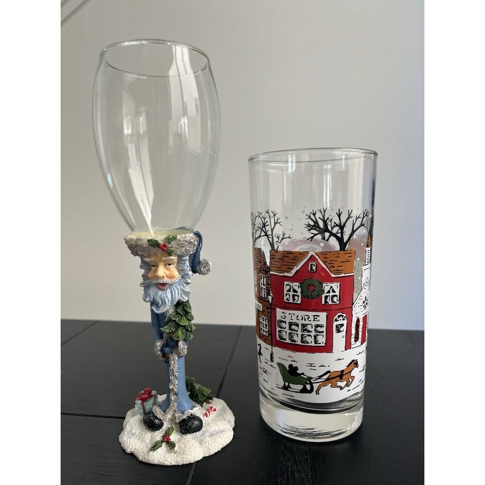 Libbey Christmas Winter Village Scene Tumbler Glass & no brand Santa Glass